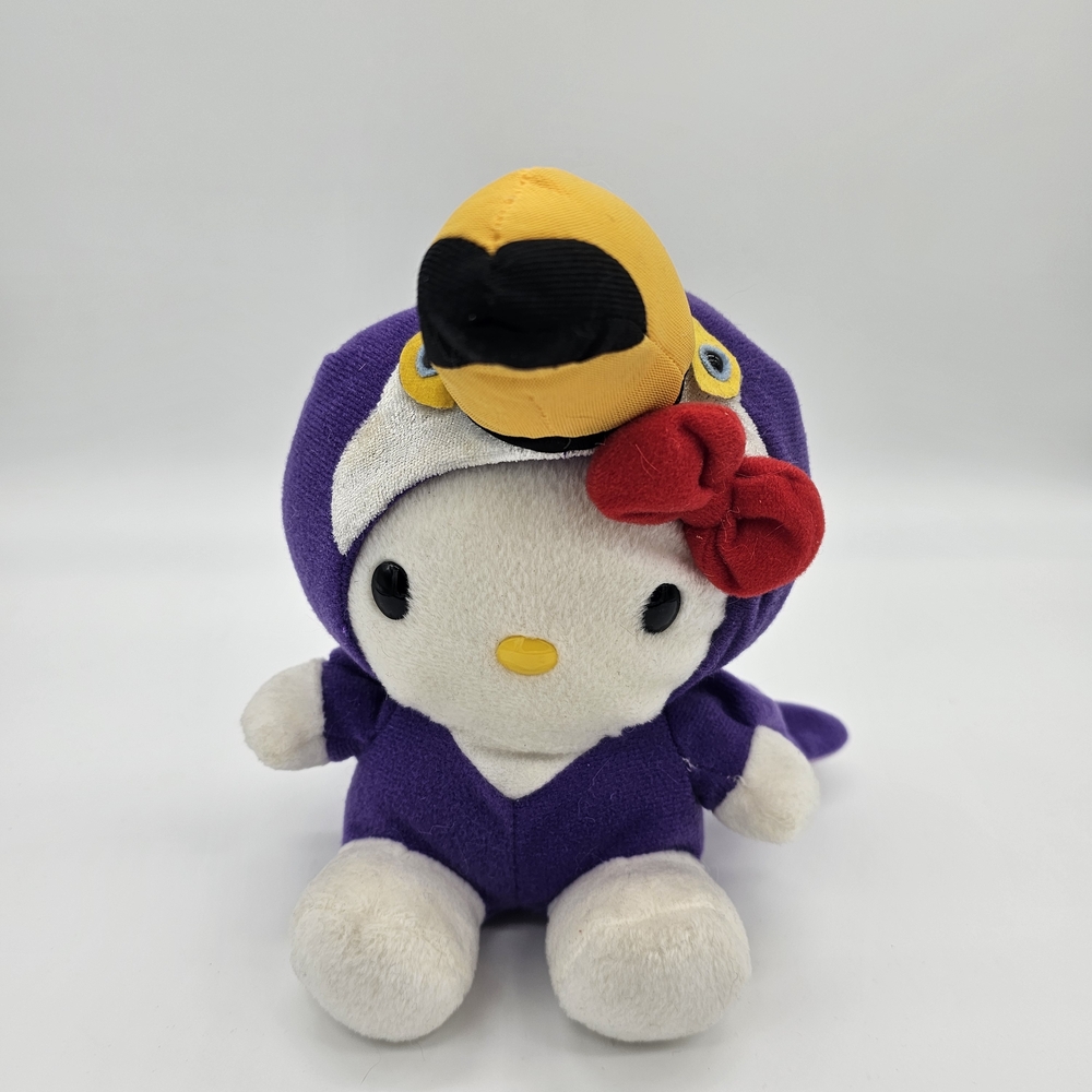 Y2K Vintage Hello Kitty Safari Toucan Purple and White Plush with Red Bow Hood